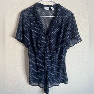Size XL Jaclyn Smith Navy and White Polka Dot V-Neck Blouse